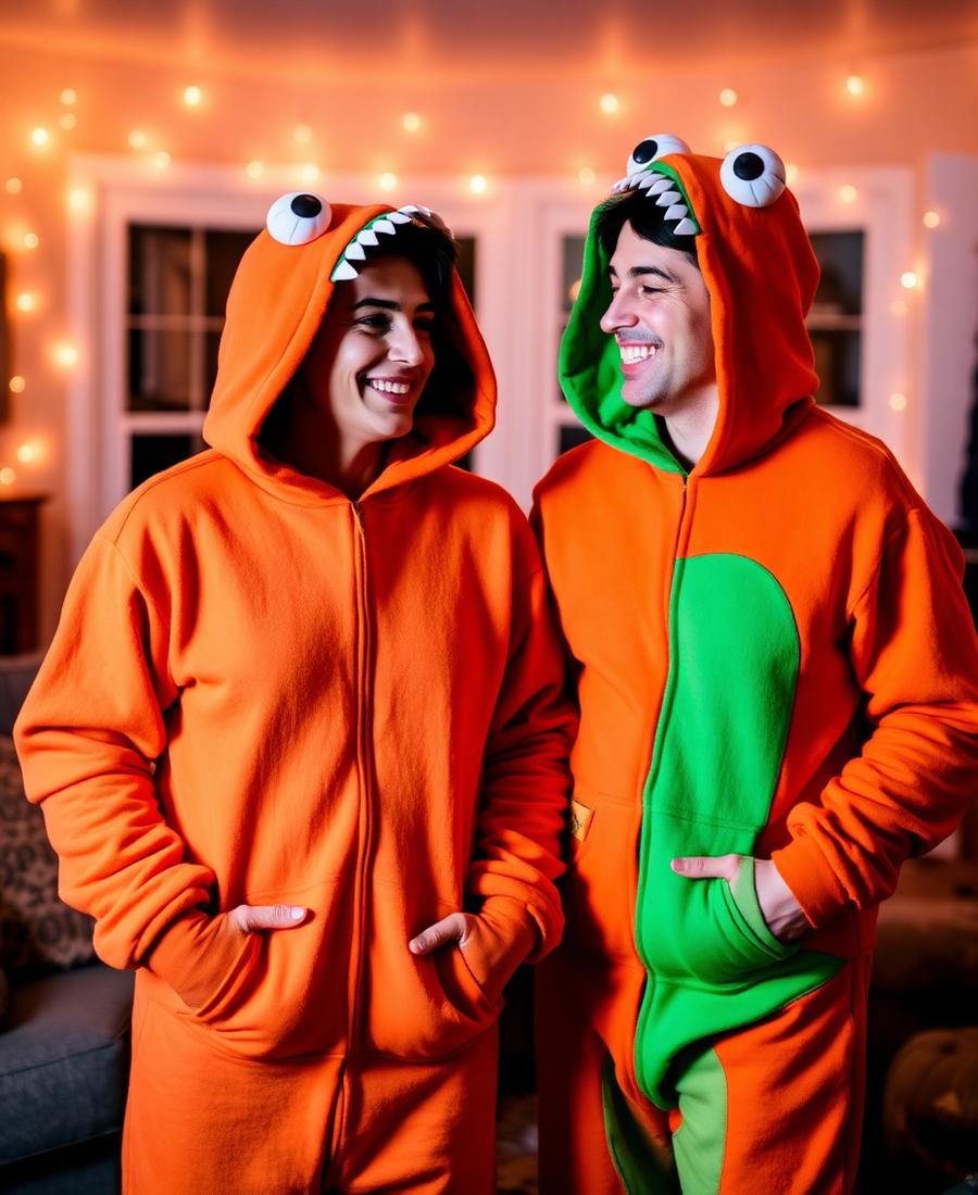 Couple wearing matching monster onesies at a party